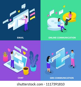 Virtual communication isometric 4 colorful background icons concept with email chat sms online dating isolated vector illustration 