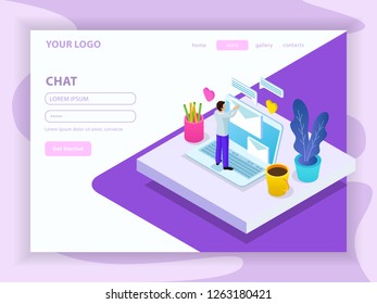 Virtual communication isometric composition with landing page of website with menu and registration form vector illustration