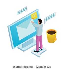 Virtual communication isometric concept with man sending email in office 3d vector illustration