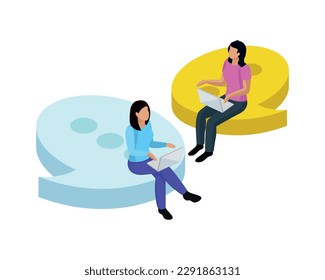 Virtual communication isometric concept with two women chatting on laptops 3d vector illustration