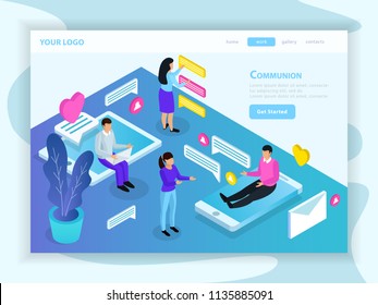 Virtual communication isometric landing web page with messaging people sitting on tablet and smartphone screens vector illustration 