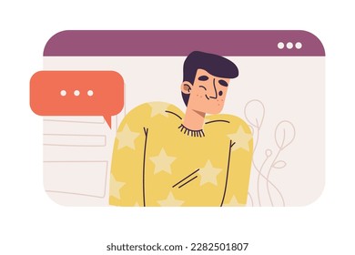 Virtual Communication with Man Character in Web Window Talking to Somebody and Winking Vector Illustration