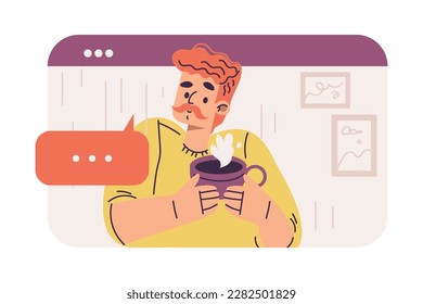 Virtual Communication with Mustached Man Character in Web Window with Hot Coffee Cup Talking to Somebody Vector Illustration