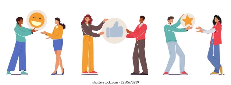 Virtual Communication In Networks Concept. Male and Female Character Share Like, Smile and Heart Icons in Network. Followers Gives Likes in Social Media Community. Cartoon People Vector Illustration