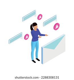 Comunicación virtual chat en línea concepto de medios sociales isométrico con mujer que envía mensajes 3d ilustración vectorial