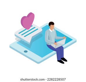 Comunicación virtual concepto isométrico de citas en línea con el hombre charlando en la ilustración de vector de internet
