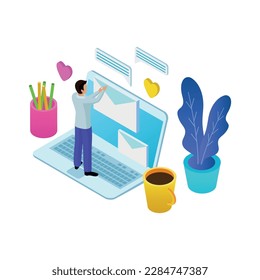 Virtual communication online dating isometric concept with man chatting on internet 3d vector illustration