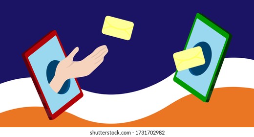Virtual communication online. Hand sent new message from mobile phone. Internet Chat. Remote conversation. Sending and receiving SMS messages. Mobile phone screen. Vector flat illustration banner.