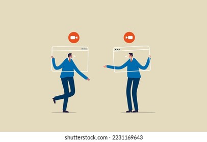 Comunicación virtual. Comunicación de chat por Internet. Dos hombres de negocios en pantallas conectadas. Ilustración
