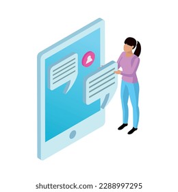 Virtual communication social media isometric concept with woman chatting online on tablet 3d vector illustration