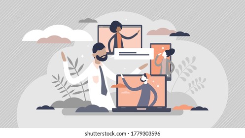 Virtual communication as social message chat talk tiny persons concept. Media wireless technologies for digital phone and video process vector illustration. Internet services for information exchange.