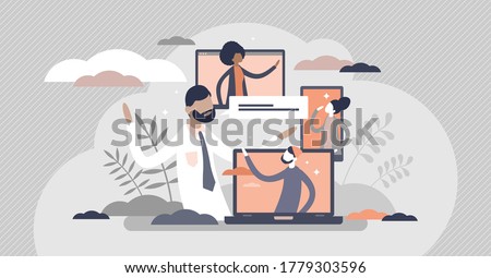 Virtual communication as social message chat talk tiny persons concept. Media wireless technologies for digital phone and video process vector illustration. Internet services for information exchange.