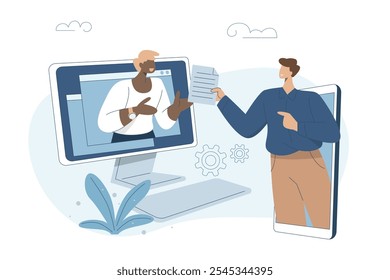 Virtual communication, Video conference communication, Distance studying and remote working concept, Telephone conversation, Business discussion, Long distance conversation. Vector illustration.
