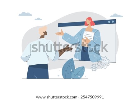 Virtual communication, Video conference communication, Distance studying and remote working concept, Telephone conversation, Business discussion, Long distance conversation. Vector illustration.
