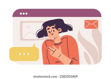 Virtual Communication with Woman Character in Web Window Talking to Somebody Vector Illustration