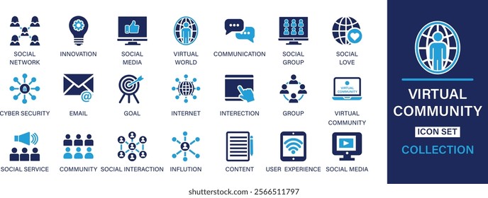 Virtual Community icon set. Social network, innovation, social media, virtual world, communication, social group, cyber security, email, goal, internet. And solid icon set collection.