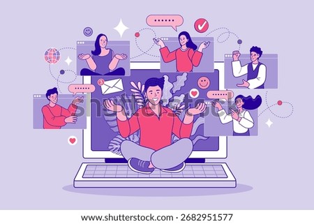 Virtual community and online event concept. A host on a laptop screen engages with a diverse group of people in a video conference. Vector for webinars and remote teamwork. 