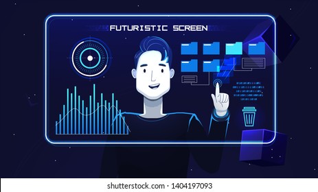 Virtual computer. A man manages files on a futuristic neon screen. Vector flat illustration with texture