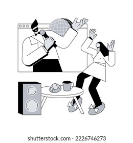 Ilustración de vector de concepto abstracto de concierto virtual. Relleno flujo en vivo, medios sociales, performance de música en línea, distancia social, quedarse en casa, metáfora abstracta de conciertos privados a nivel mundial.