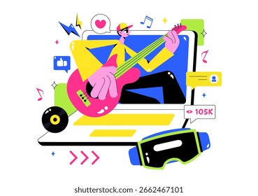 Ilustração de concerto virtual com um conceito metaverso com pessoas assistindo a concertos musicais, interagindo e explorando em um mundo virtual