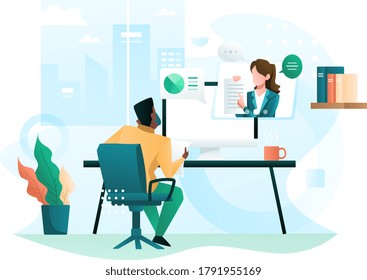 Virtual conference call of a business group meeting, Work from home concept, Suitable for web landing page, ui, mobile app, banner template. Vector Illustration 