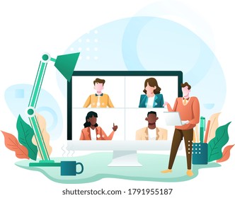 Virtual conference call of a business group meeting, Work from home concept, Suitable for web landing page, ui, mobile app, banner template. Vector Illustration 