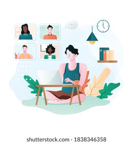 Virtual conference call of a business group meeting, Work from home concept, Suitable for web landing page, ui, mobile app, banner template. Vector Illustration