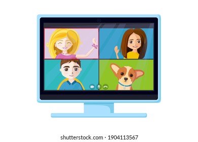 Virtual conference call with people and puppy. Monitor with online zoom meet of friends or colleagues. Vector illustration in cartoon style