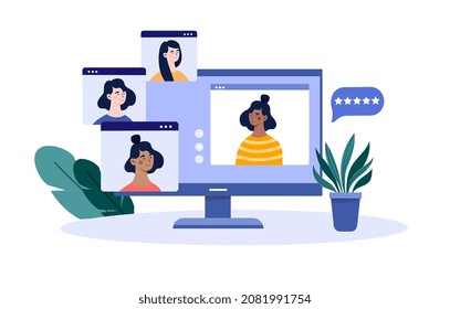 Virtual conference concept. Employees communicate via Internet, board meeting, modern technology. Remote employees solve problems, brainstorm, common project. Cartoon flat vector illustration