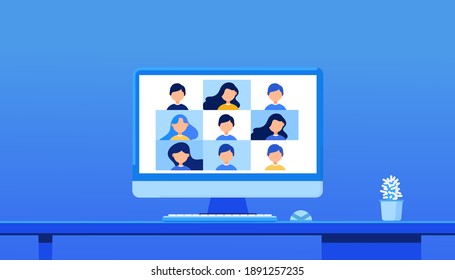 Virtual conference with employees. Online education and e-learning concept. Home quarantine distance learning. Remote work concept. Online meeting in video call. Web Video Conference.