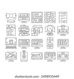 virtual conference event online icons set vector. quarantine digital, corporate technology, caller stage, video concert, live, meeting virtual conference event online black contour illustrations