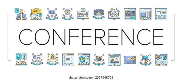 virtual conference event online icons set vector. quarantine video, digital business, screen people, presentation technology caller virtual conference event online color line illustrations