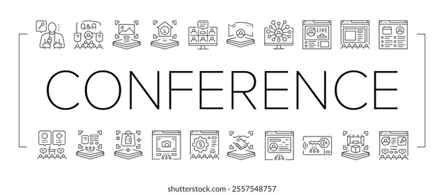 virtual conference event online icons set vector. quarantine video, digital business, screen people, presentation technology caller virtual conference event online black contour illustrations