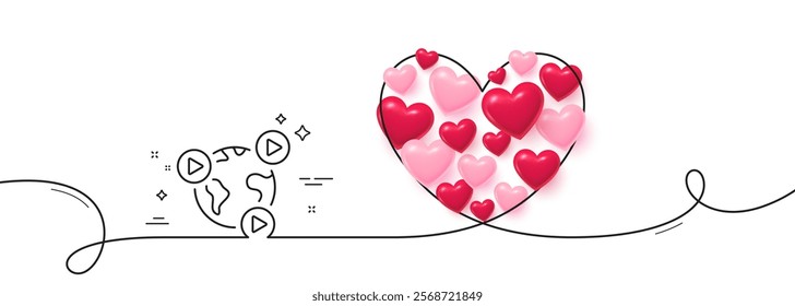 Virtual conference line icon. Continuous line big heart. Online training sign. Web presentation symbol. 3d hearts in heart shaped loop. Video conference single line ribbon. Loop curve pattern. Vector