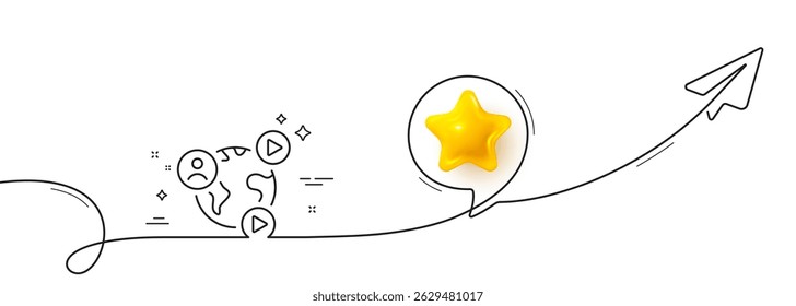Virtual conference line icon. Continuous line with share plane. Online training sign. Web presentation symbol. 3d star in speech bubble. Video conference single line ribbon. Loop curve pattern. Vector