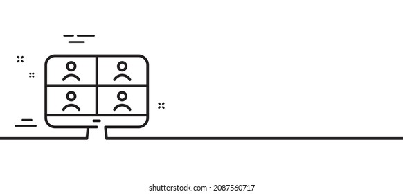 Virtual Conference Line Icon. Online Training Sign. Video Team Presentation Symbol. Minimal Line Illustration Background. Video Conference Line Icon Pattern Banner. White Web Template Concept. Vector