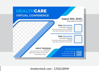 Virtual Conference Of Medical Treatment Flyer Vector Template With Blue Element Design And White Background. Healthcare Clinic Poster And Brochure Cover. Diagonal Space For Photo. Horizontal Layout. 