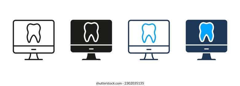 Virtual Consultation for Dental Care. Remote Dentist Help Symbol Collection. Online Dentistry Silhouette and Line Icon Set. Tooth Health Diagnosis in Computer Pictogram. Isolated Vector Illustration.