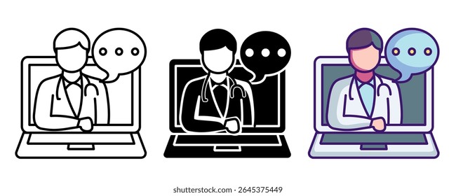 Virtual consultation icon represented by doctor in laptop screen chat Line, Filled, Color style.