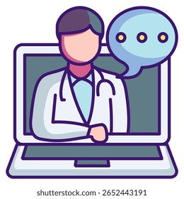 Virtual consultation icon represented by doctor in laptop screen chat Lineal Color style.