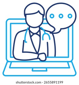 Virtuelle Beratung Symbol durch Arzt in Laptop-Bildschirm Chat Dual Line Stil.