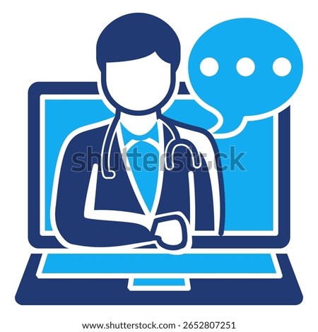Virtual consultation icon represented by doctor in laptop screen chat Dualtone style.