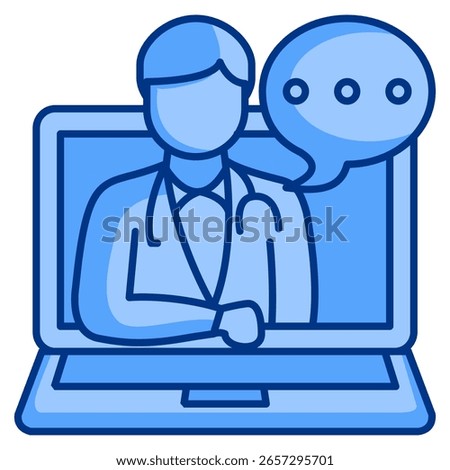 Virtual consultation icon represented by doctor in laptop screen chat Blue style.