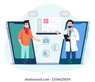 Virtual conversation via sick male and doctor. Online medical advice, consultation service and telemedicine. Digital prescriptions and teletherapy. Flat vector illustration in cartoon style