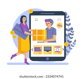 Caja virtual de correo y entrega hembra. Concepto sin sentido. Mujer haciendo pedido en línea con entrega. Comprador involucrado en compras virtuales. Concepto sin sentido. Ilustración vectorial plana