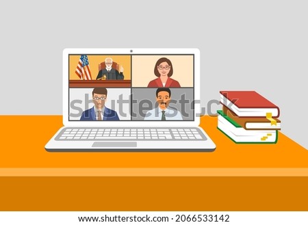 Virtual court hearings. Online video conference of remote court session. Judge, prosecutor, lawyer and defendant on a computer monitor. Law enforcement judicial system professionals