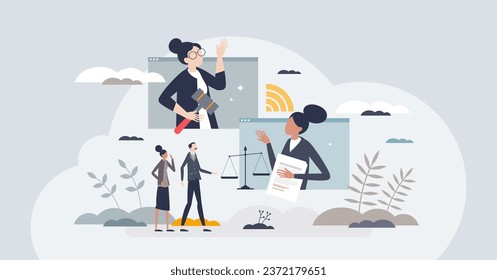 Virtual court for legal lawsuit process using video tiny person concept. Technology usage for distant trial with judge, advocate and lawyer vector illustration. Online connection from courthouse.