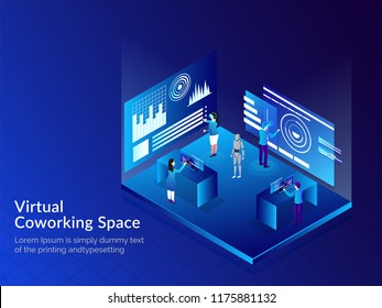 Virtual Co-Working Space, Isometric illustration of business people analysis data through VR glasses for remote working concept based web template design.