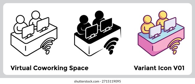 Virtual Coworking Space simulates team presence for better remote collaboration. Line, Filled, Color style.