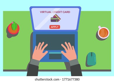 Virtual Credit Card Appliance Vector Concept: Top Down View Of Unidentified Hands Applying For Virtual Credit Card Through The Laptop